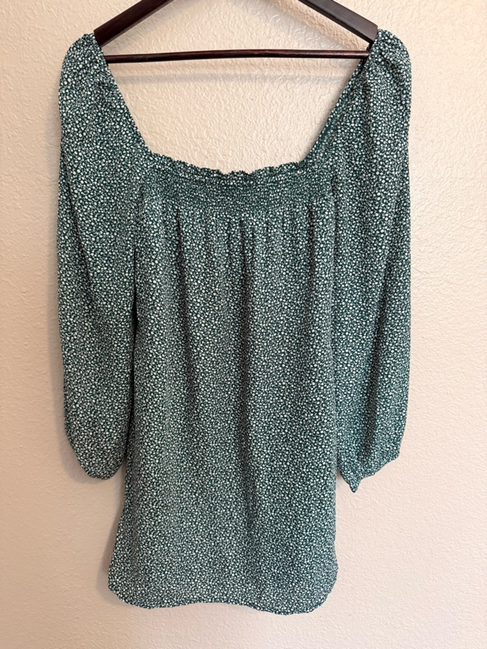 Abercrombie & Fitch Teal Green Ditsy Floral Smocked-Neck Blouse